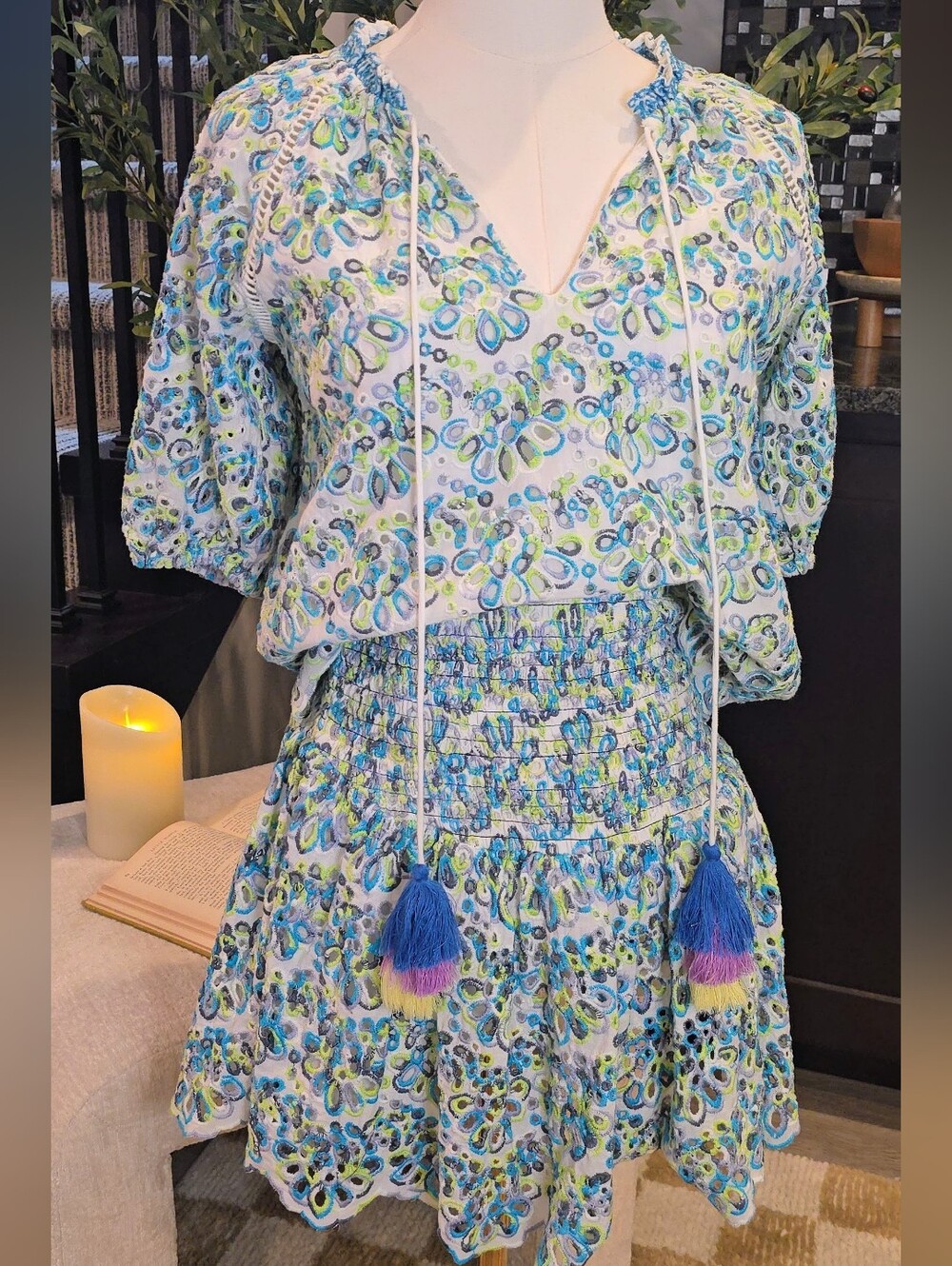 Blue & Green Paisley Two-Piece Women’s Set - Blouse & Skirt